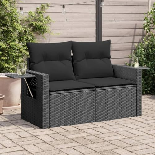 Runheo Gartensofa mit Kissen, 2-Sitzer Schwarz aus Poly Rattan, UV-beständiges Outdoor Lounge Sofa, Modulares Design, mit klappbaren Ablagen für Terrasse, Balkon