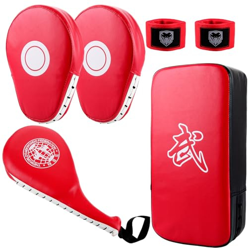 Ghligna Rot Box Pratzen Set, 4 Pratzen Kickboxen mit einem 3m Band, Schlagpolster Kampfsport, PU Boxpratzen, Taekwondo Zubehör, Boxing Pads, Handpratzen für Kickboxen Thaiboxen