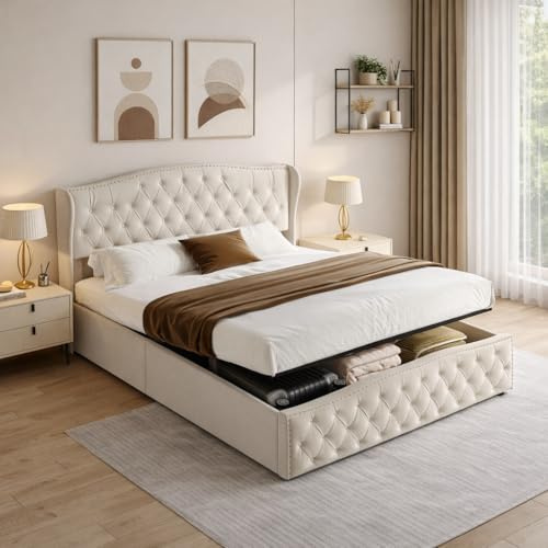 Hoscullo Polsterbett Doppelbett 140x200 mit Stauraum, Hydraulisches Stauraumbett mit Bettkasten, Boxspringbett mit kopfteil, Jugendbett Bettgestell mit Lattenrost, Samt, Beige