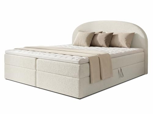 Sofnet Boxspringbett Cloud mit 2 Bettkästen, Doppelbett mit Bonell-Matratze und Topper, Polsterbett in weichem Bouclé-Stoff, Bett, Bettgestell für Schlafzimmer (Weiß (Coral 70), 140 x 200 cm)
