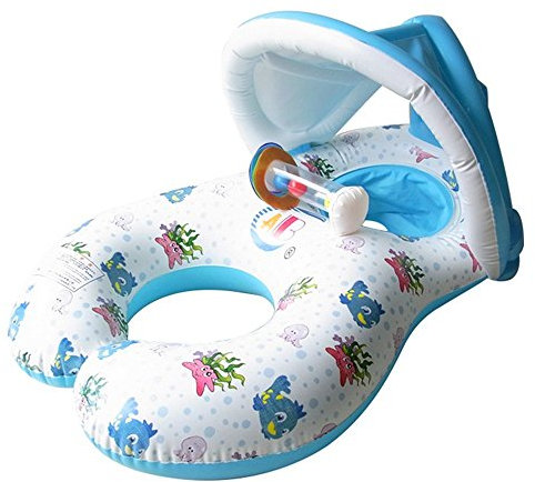 HONGCI Mother & Baby Newborn Swimming Float with Inflatable Sunshade Canopy, Swimming Ring, Swimming Pool Float Toy (Double Seat Boat for 6-36 Months Baby) - White