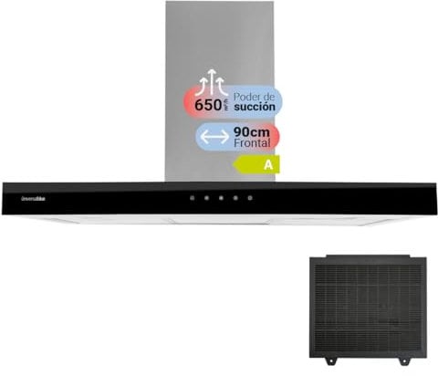 UNIVERSALBLUE Campana Extractora 90 cm en T y Frontal Cristal Negro | Potente Succión 650 m³/h | Extractor de Humos y Aire Eléctrico de Pared para Cocina | Luz LED y Control Táctil