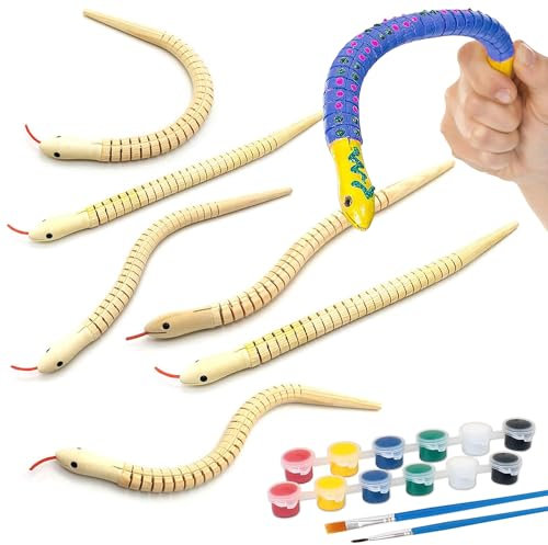 KKSJK DIY Basteln Holzbausatz, 6 flexibel Schlangen zum Bemalen mit Farben und Pinsel Ideal für Familienaktivitäten