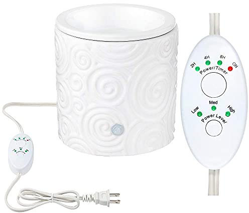 White Swirl Ceramic Candle Warmer Electric with Safety Timer | Automatic Plug in Fragrance Warmer for Scented Wax Melts, Cubes, Tarts | Air Freshener Set for Home Décor, Office, and Gifts