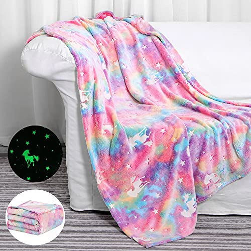 SALIMAH Glow in The Dark Blanket Unicorns Gifts for Girls, Toys for Girls Age 2 3 4 5 6 7 8 9 10 Year Old, Soft Kids Blankets Gifts for Grandkids Teens for Easter Birthday Christmas, 50x60