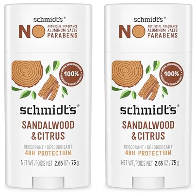 Schmidt's Desodorante natural sin aluminio para mujeres y hombres, sándalo y cítricos con protección contra olores las 24 horas, certificado natural, vegano, libre de crueldad, 2.6 onzas, paquete de 2