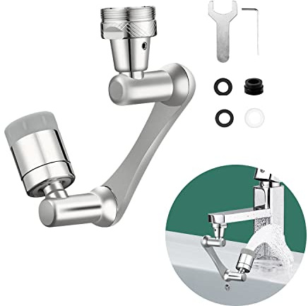 Schwenkbarer 1440° Drehbarer Wasserhahn Strahlregler - Universal Sprühkopf Spritzfilter für Hand Gesicht Waschen - Verlängerung Aufsatz (Silber)