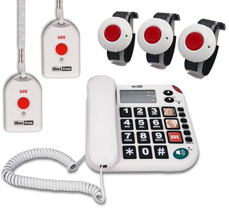 G-TELWARE PRO+ MAXCOM KXT481SOS 2023-2024er Modell Haus Notruf Seniorentelefon mit Funk-SOS-Sender, Festnetztelefon - 3 Armbandsender + 2 Handsender mit Schlaufe, Carbonschwarz, Standard