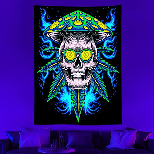Ricemru Schädel Wandteppich Pilze Psychedelic Schwarzlicht 150x200 UV Aktive Wandbehang Wandtuch Trippy Weed Totenkopf mit Flammen Wanddeko Tapestries Homedeko Wandkunst