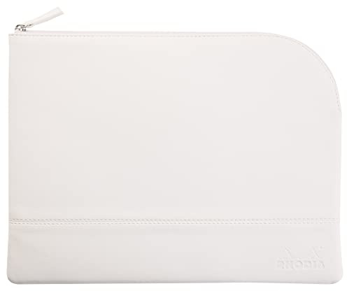 RHODIA 116722C - Faux Leather Zippered Pouch - White - Size L (21 x 28 cm) - Genuine Stitching - Orange Fabric Interior - Storage for Documents, Small Supplies