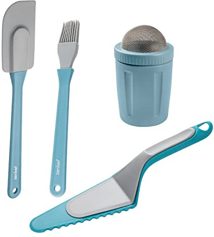 Zenker Set Utensilios Repostería para Decorar Tartas y Pasteles, incluye Pincel de Silicona, Espátula de Silicona, Pala para Cortar y Servir y Espolvoreador de Azúcar y Cacao