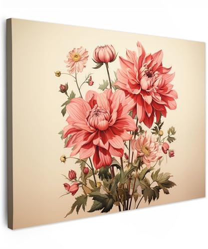 MuchoWow© Bilder 80x60 cm Wohnzimmer Deko Modern Wandbild Foto auf Leinwand Bild Schlafzimmer Room Decor Geschenke Vintage - Blumen - Rot - Beige - Pflanzen