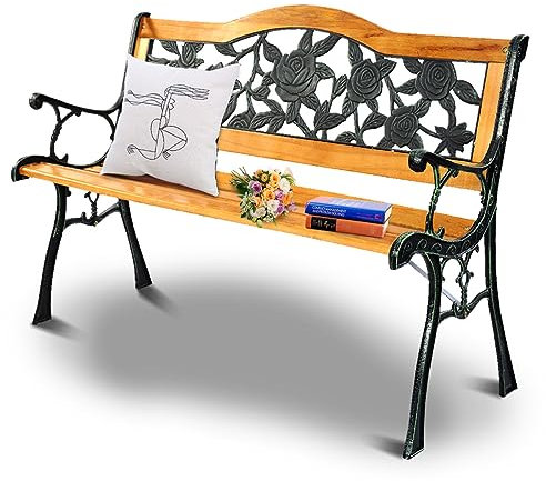 SFAREST 2-3 Seater Garden Bench, Outdoor Wooden Loveseat with Rose Style Design, Metal Slatted Cast Seating Chair for Patio Backyard Poolside (Arched Back)