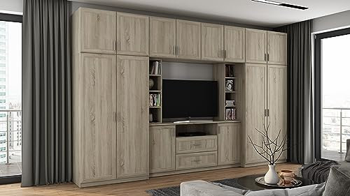 e-Meblast Dako - 3-teilige Schrankwand - 380x240x54 cm - Wohnwand - TV-Schrank - Wohnzimmer Schrank Set - Wandregal - Obenschränke - Einlegeböden - Schubladen - Kleiderstange - PVC-Kante - Sonoma Hell