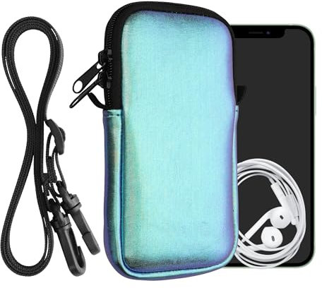 kwmobile Handytasche für Smartphones XXL - 7 - Neopren Handy Hülle Metallic Petrol mit Kordel - Handy Tasche mit Handykette 17,7 x 8,5 cm Innenmaße