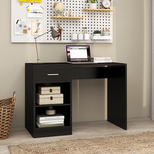 Panana Computer Desk, Office Work Desk, Laptop Table with 1 Drawer 2 Shelves,Modern Simple Style Desks for Bedroom, Home, Office (Black)
