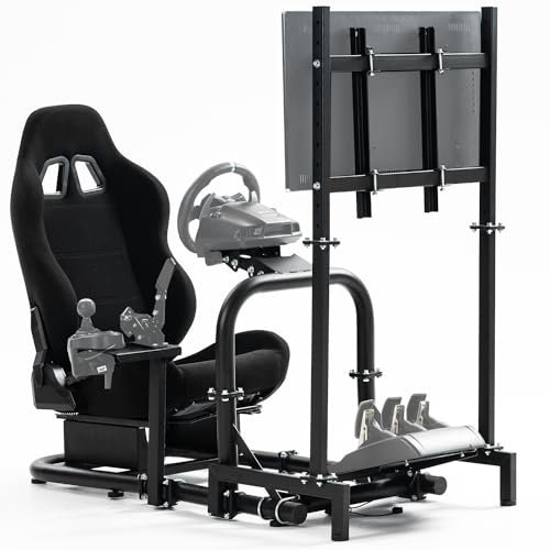 Minneer Gaming Frame with Black Seat and Monitor Mount Alloy Steel Fit for Logitech G923 G920 THRUSTMASTER T500 FANATEC T3PA/TGT