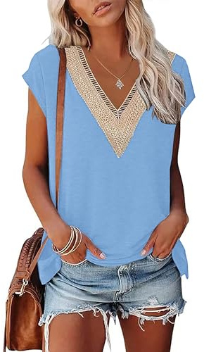 PLOKNRD Womens T-Shirt Summer Elegant Lace V Neck Short Sleeve Top Loose UK | Ladies Beach Tee Solid Color Boho Flower Leopard Print for Daily Outdoor