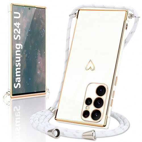 Micoden Handykette für Samsung Galaxy S24 Ultra 5G Hülle, Necklace Handyhülle mit Band Kameraschutz Herz Love Design Galvanik Silikon TPU Case Kordel zum Umhängen Schutzhülle für S24 Ultra,Weiß