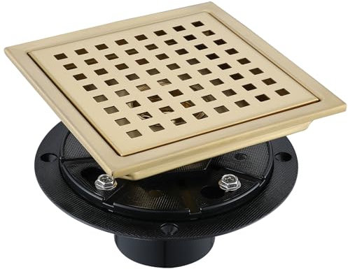 TRJIKAG Drenaje cuadrado de piso de ducha de 4 pulgadas, kit de drenaje de ducha negro de acero inoxidable con brida, drenaje de piso con cubierta de rejilla extraíble, oro cepillado