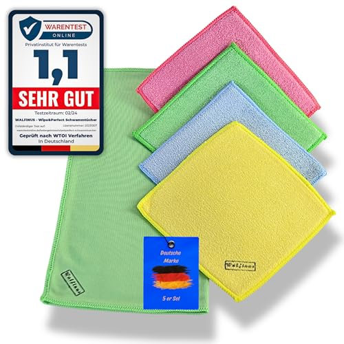 Walfinus Premium 5er Set Mikrofaser Schwammtücher mit extra Schaumstoffkern einsetzbar als Spüllappen, Spültücher, Wieder verwendbar, 18x19cm