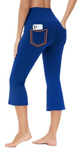 BAYGE Damen Bootcut Yogahose 3/4 Hight Waist Wasserdicht Blickdicht Bauchkontrolle Slim Fit Flared Leggings Sporthose Jeggings Schlaghose Sweathose Arbeitshose Fitnesshose mit Taschen, Blau, XL