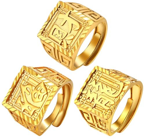 JewelryWe Ringe Herren Vergoldet Siegelringe: 3 Stück Gold Herren-Ring Glück/Reichtum/Drache Offener Goldring Siegelring Bandring Band mit Gravur verstellbare Größe Geschenk für Männer Vater Freunde