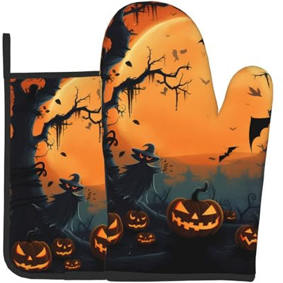 Ufuson Set di 2 guanti da forno e presine arancioni stampati per feste di Halloween, guanti impermeabili e resistenti al calore con anello per appendere