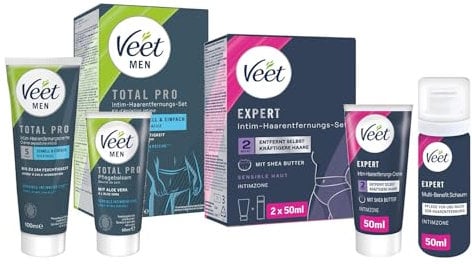 Veet Expert/Men Intim-Haarentferungs-Set für Sie und Ihn - Enthaarungscreme für den Intimbereich - inkl. Multi-Benefit-Schaum - 2 x 50 ml & für Männer 100 ml Tube & 50 ml Pflegebalsam