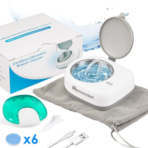 Mxmoonant Limpiador Ultrasónico de Dentaduras Postizas, Inalámbrico, 2000mAh Recargable, 50kHz, 80ml, 360g, 18W, 5V2A, con Funda Retenedora y Mini Cepillo, para Viajes, Negocios, Oficina
