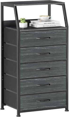 Kommode mit Schubladen aus Stoff, Aufbewahrungsschrank, Holz Sideboard mit 5 Stoffschubladen, Hoch & Schmal, 2-Tier Holzplatte Schwarz Schubladenschrank für Wohnzimmer, Schlafzimmer, Flur, Dunkelblau