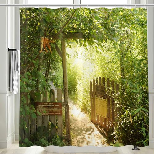Vgzsyomqib 3D Garden Shower Curtain Outdoor Fence Wet Room Waterproof Anti Mould Proof Fabric Extra Wide 240x200cm Drop Path Forest Print Green Trees Scenery Bathroom Curtains Set with Hooks