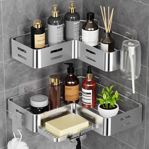 Kegii Etagere Salle de Bain - Etagere Douche sans Percage, Rangement d'Angle Salle de Bain en Acier Inoxydable, avec Porte-savon