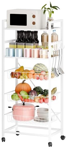 qorkhogr Küchen-Aufbewahrungswagen, 5 Etagen, Obst- und Gemüsewagen mit Rollen, stapelbar, Metall, Rollwagen, Aufbewahrungswagen mit Drahtkorb für Küche, Speisekammer, Badezimmer, Weiß