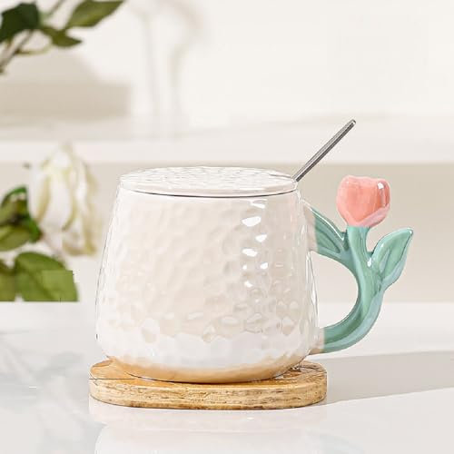 Huiyiwert Tazza da caffè in ceramica, con tulipano, con coperchio e cucchiaio, 400 ml, idea regalo per donne, ragazze, mamma, fidanzata (rosa)