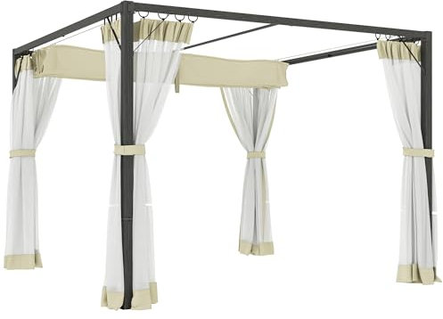 Outsunny 3 x 3 m Pergola with Retractable Roof Canopy and Netting Sidewalls, Aluminium Frame Garden Gazebo Outdoor Sun Shade Shelter for Grill, Patio, Deck, Khaki