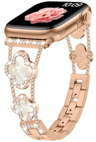 Sixmoat Correas Compatibles con Apple Watch Correa para mujer 42mm 44mm 45mm 46mm 49mm, Pulsera de trébol elegante con brillantes para iWatch Serie 11/10/9/8/7/6/5/4/3/SE/Ultra (Oro Rosa)