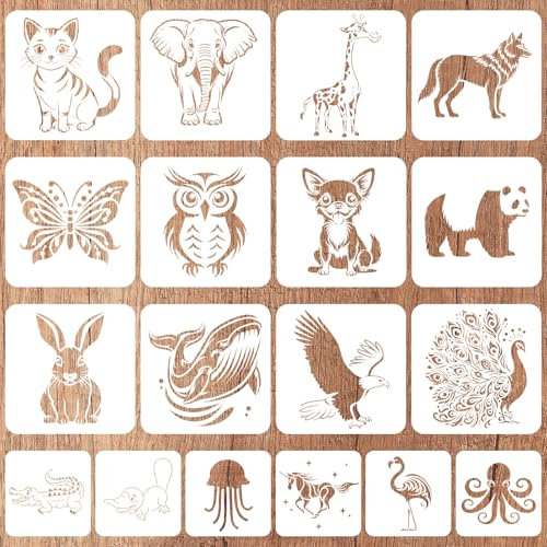 Gosknor 18uds Planchas para Pintura, Plantillas de Pared para Manualidades Plantillas Artísticas Reutilizables para Madera Pared Puerta Lienzo Decoración del Hogar Fabricación de Tarjetas (Animales)