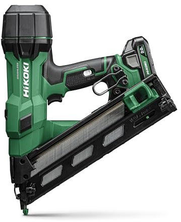 HiKOKI Chiodatrice a batteria 34° – 18 V, chiodi da 32 – 65 mm, compatto, leggero, potente, luce LED, motore senza brushless, azionamento a molla ad aria, con 2 batterie da 18 V/2 Ah + caricatore +