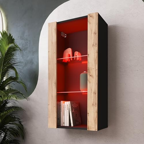Komodee, Hängende Vitrine Schrank Tivoli, Wotan/Schwarz, Breite 50cm x Höhe 100cm 50cm x Tiefe 29cm, LED RGB, 2 Regalböden, für Wohnzimmer, Schlafzimmer, Eingang