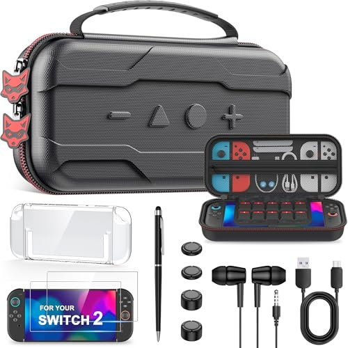HELLCOOL Funda para Switch 2 Accesorios Nintendo Switch 2,Super Protectora Switch 2 Funda y Switch 2 Case,Switch 2 Protector Pantalla,3 Pares de Tapas de Joystick,Switch 2 Bolsa para Nintendo Switch 2
