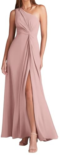 XSSX Abito da donna monospalla da damigella d'onore con spacco plissettato senza maniche in chiffon abito da sera formale, Rosa cipria, 50
