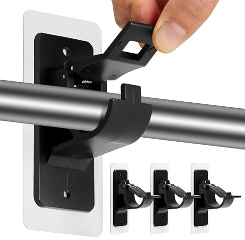 No Drill Curtain Pole with Self Adhesive Brackets, Adjustable Curtain Rod Holder for Living Room, Bedroom, Bathroom, Black, 4 Pack