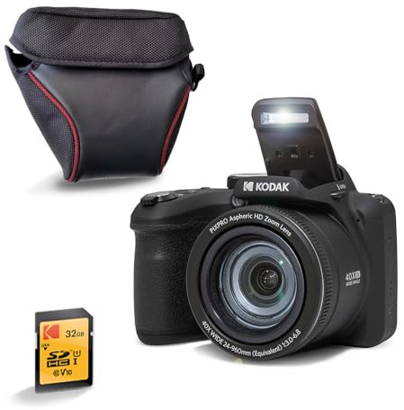 KODAK Pixpro AZ405 Bridge 20MP, Zoom X40, grandangolare 24mm, Full HD 1080p, OIS, LCD 3, custodia + scheda SDHC 32GB U1, batteria AA - nero