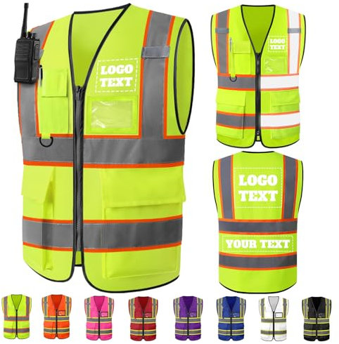 Akmxem Warnweste Aufdruck mit Text Logo Personalisierte Sicherheitswesten mit Reißverschluss Taschen Hohe Sichtbarkeit Reflektierende Arbeitskleidung für Herren Frauen