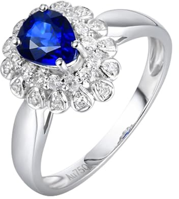 Trauringe Weißgold 750, Promise Ring Damen Blau Labor Erstellt Saphir 1.09ct Blume Weißgold Verlobungsring 18K Gold mit Moissanit Größe 58 (18.5)
