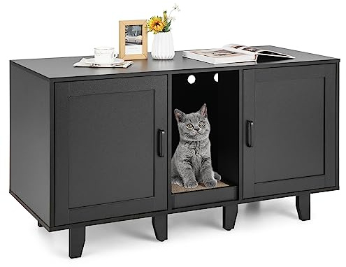 COSTWAY Katzenklo Schrank für 2 Katzen, Katzenschrank für Katzentoilette, Katzenhaus mit 2 Türen & Kratzbrett & Eingang, Katzenhöhle Katzenmöbel, für Katzen Hunde Haustier, 120x52x65cm (Schwarz)