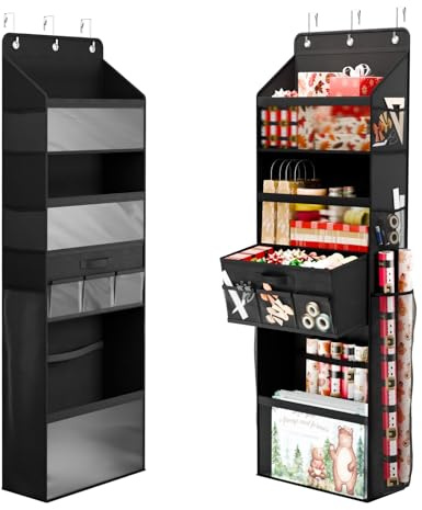 WERNNSAI Geschenkpapier Organizer zum Aufhängen, Große Kapazität für Tür | Geschenkpapier abnehmbaren Schubladen & elastischen Bändern,Hängende Tasche für Geschenkband,Schleifen und Deko,133x42x17cm