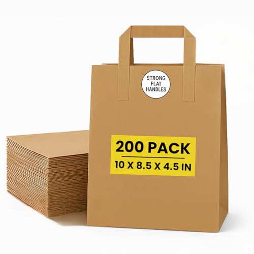 200 Medium Kraft Brown Paper Bags with Handles (10 x 8.5 x 4.5 in) Gift Bag | Strong SOS Carrier Bags for Takeaway, Grocery, Shopping, Lunch, Party, Catering, Recyclable, Biodegradable, Eco-Friendly