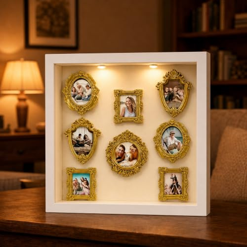 DIY Mini Museum Bilderrahmen Set - 3D Objektrahmen mit 8 goldenen Rahmen | Weiße Schattenbox mit 2 LED-Licht und 2 Klebepunkten für Fotos, Souvenirs und personalisierte Geschenke zur Hochzeit